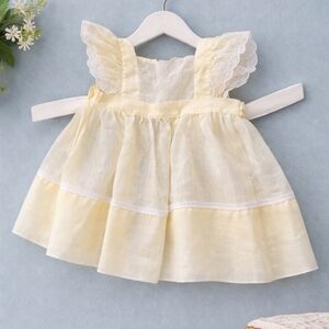Vintage Yellow Baby Dress Girls 6-12 Months Flutter Sleeve Eyelet Pinafore Apron